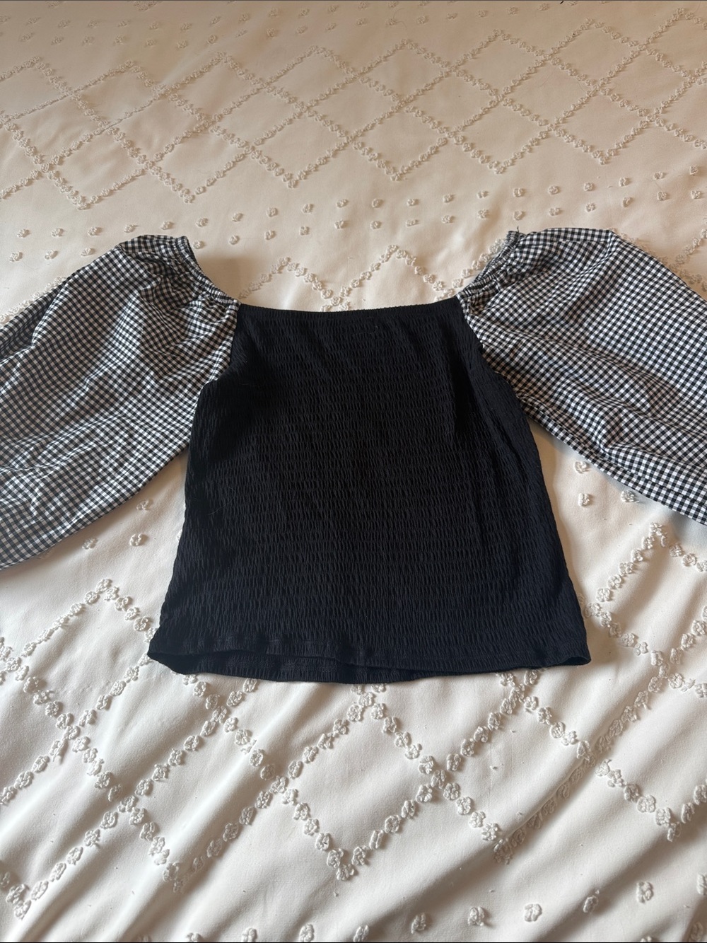 Who Wear What When Where Black Smocked Top with Gingham Puff Sleeves - Picture 8 of 8